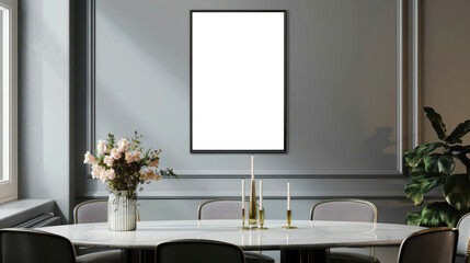 Modern mock up frame in a sophisticated dining space with light grey walls and minimalist decor, isolated on transparent background, perfect for a refined interior setting