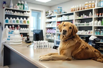 Golden Retriever at counter of vet pharmacy, medicine shelves in background. Pharmacy for animals and humans.