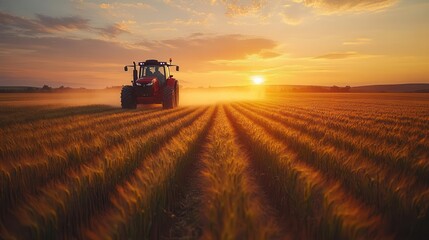 Fototapeta premium tractor spraying crops at golden hour in a vast agricultural field misty spray catches the warm light highlighting modern farming techniques and sustainable agriculture practices