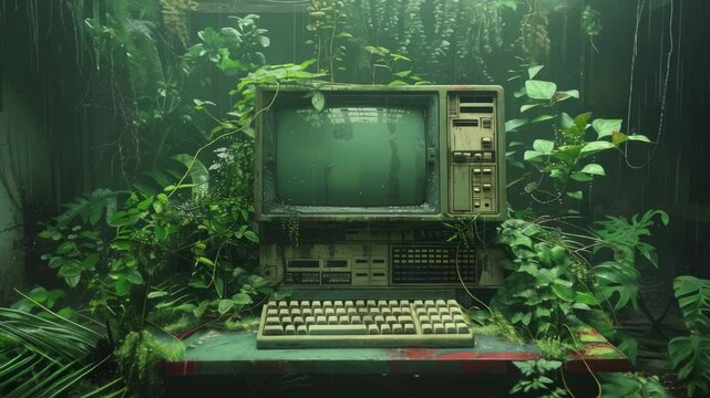 Old computer surrounded by plants in natural landscape