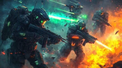 Naklejka premium Futuristic Soldiers in Advanced Combat Suits Amid Glowing Energy Fields on Sci-Fi Battlefield