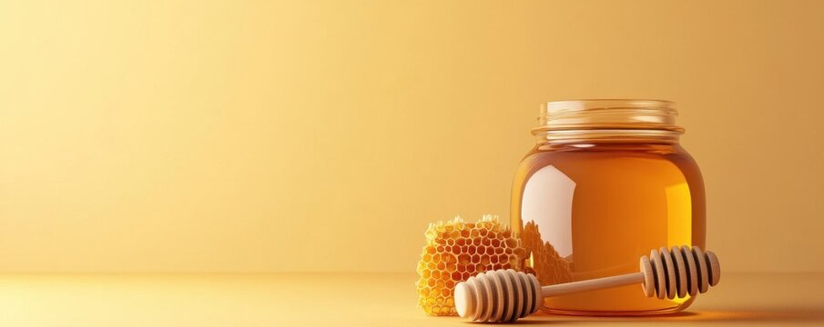 Golden honey in a jar with honeycomb and dipper against a warm backdrop, capturing the essence of nature's sweetness.