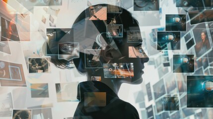 a person's thoughts are depicted in the form of a photo collage.