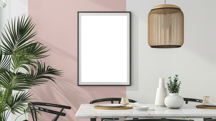 Stylish mock up frame in a modern dining area with pink accents and natural decor, isolated on transparent background, ideal for trendy, contemporary interiors