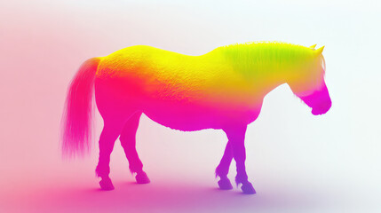 Fototapeta premium The image depicts a horse with a gradient of vibrant rainbow colors covering its body, set against a clean white background, creating a surreal and eye-catching visual.