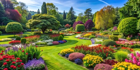 lush garden with colorful flowers, trees, and manicured lawns, gardening, landscaping, plants, flowers, trees