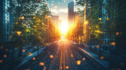 Road construction with environmental considerations close up, focus on, copy space Earthy and sustainable colors, Double exposure silhouette with trees and roads