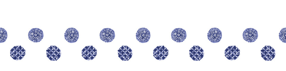 Indigo blue Japanese dot block print effect border. Seamless hand made vector design for fabric batik washi tape and faded fashion edging. 