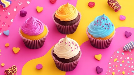 Sweet and Vibrant Isometric Cupcakes on Pink and Yellow Background with Frosting Borders and Sweet Treat Patterns