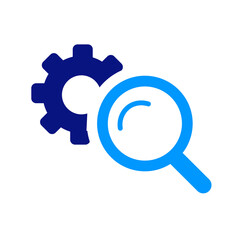 Dark blue cog icon merging with a blue magnifying glass, representing technology and search for solutions, abstract geometric shapes, minimalistic style, white background, focus on innovation and disc