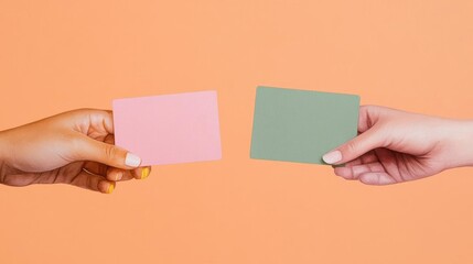 Obraz premium Two hands holding blank pink and green cards against an orange background.