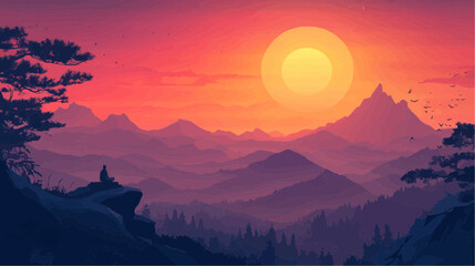 Beautiful vector illustration of a serene Japanese zen landscape, designed to evoke tranquility and peace