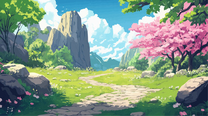 Beautiful vector illustration of a serene Japanese zen landscape, designed to evoke tranquility and peace