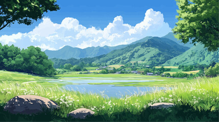 Beautiful vector illustration of a serene Japanese zen landscape, designed to evoke tranquility and peace