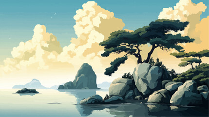 Beautiful vector illustration of a serene Japanese zen landscape, designed to evoke tranquility and peace