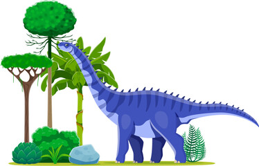 Cartoon prehistoric hypselosaurus dinosaur character. Isolated vector genus of titanosaurian sauropod dino animal from the Late Cretaceous period stands at lush environment landscape with green trees © Vector Tradition