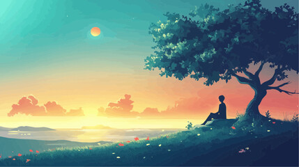 Beautiful vector illustration of a serene Japanese zen landscape, designed to evoke tranquility and peace