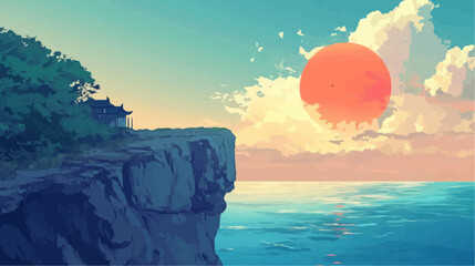 Beautiful vector illustration of a serene Japanese zen landscape, designed to evoke tranquility and peace