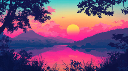 Beautiful vector illustration of a serene Japanese zen landscape, designed to evoke tranquility and peace