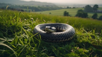 Obraz premium A majestic serpent, coiled in a meditative pose, surrounded by a tranquil meadow of lush green grass and a serene atmosphere.
