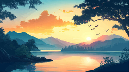 Beautiful vector illustration of a serene Japanese zen landscape, designed to evoke tranquility and peace