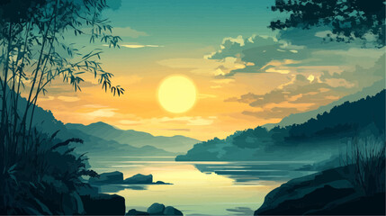 Beautiful vector illustration of a serene Japanese zen landscape, designed to evoke tranquility and peace