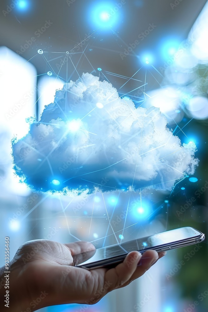 Poster hand holding a mobile smartphone with a digital cloud and technology icons, cloud computing concept.