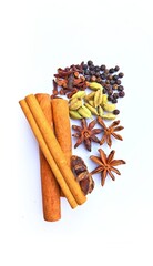 cinnamon sticks and anise, Spices, traditional whole spices isolated, cinnamon sticks, cardamom, star Anise, nutmeg, cloves, peppercorns