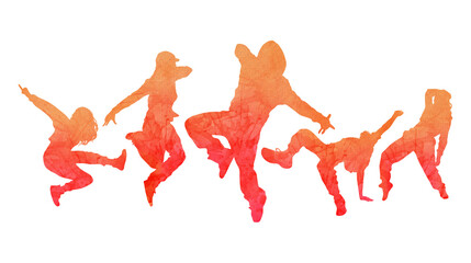 Watercolor silhouettes of dancing people isolated on transparent background