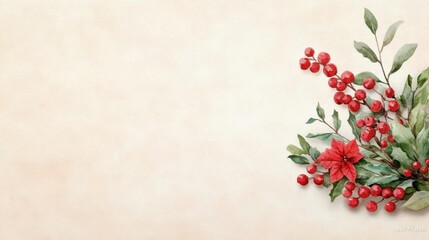 Fototapeta premium Watercolor textures in muted reds and greens with Boho Christmas floral arrangements, Boho Christmas floral, natural holiday beauty