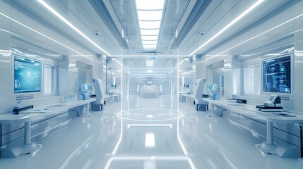 Futuristic Laboratory Interior with Advanced Holographic Displays and Sleek Design