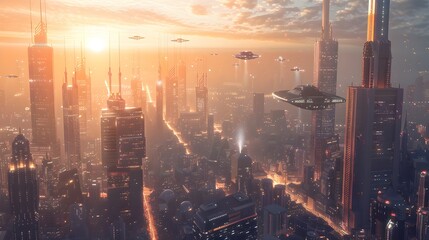 Fototapeta premium Futuristic Metropolis with Towering Skyscrapers Flying Vehicles and Advanced Technology