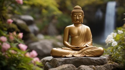 Obraz premium A bronze Buddha statue in pose for meditation in a Japanese garden among blooming greenery on a background of waterfall