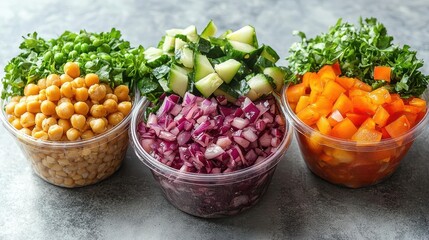 trio of vibrant fresh salad bowls with colorful vegetables grains and toppings clean white background