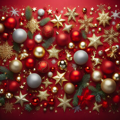 Red Christmas Background with Many Golden Balls and Snowflakes