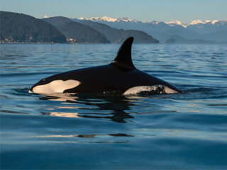 Obraz premium an Orcinus orca swimming near the surface of a calm ocean