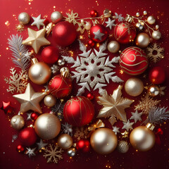 Red Christmas Background with Many Golden Red Balls and Snowflakes