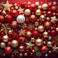 Red Christmas Background with Many Golden Silver Balls and Snowflakes