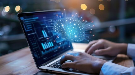 man uses laptop to search smart open artificial intelligence technology or artificial intelligence with artificial intelligence chatbot.