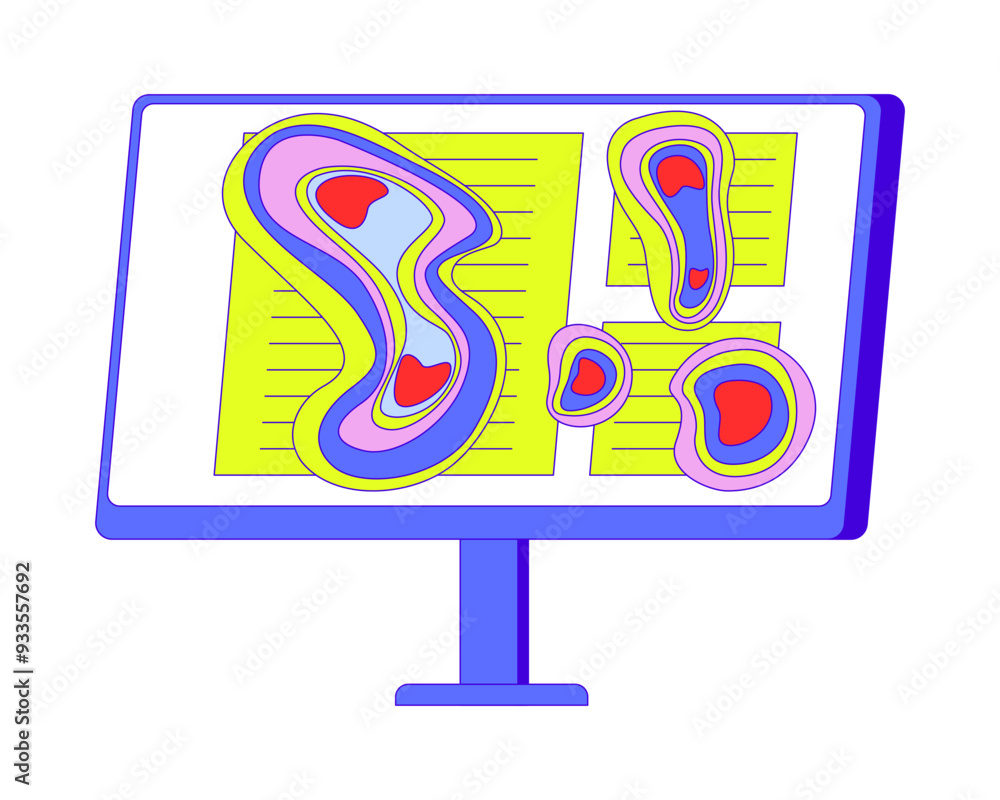 Poster computer screen heatmap 2d cartoon object. eye tracking heat map monitor desktop isolated flat vecto