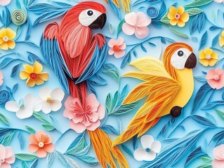 seamless pattern of 3D macaw scarlet bird,  paper quill pattern.	
