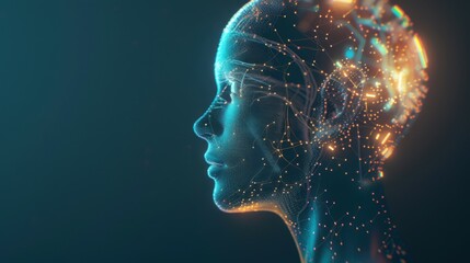 Side view of humanoid head with blue-yellow eyes and bright neon neural network representing futuristic technology and artificial intelligence