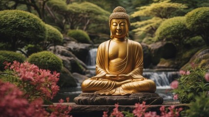 A bronze Buddha statue in pose for meditation in a Japanese garden among blooming greenery on a background of waterfall