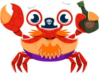 Cartoon crab animal pirate character with rum bottle. Isolated vector funny filibuster personage ready for adventures and jovial seaside escapade, eyes gleaming with mischief, exude spirit of the sea