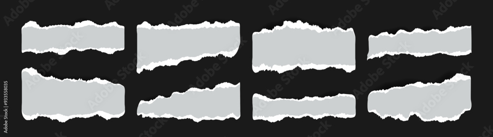Poster realistic ripped grey notebook paper sheets for scrapbook or collages. torn blank pages with uneven 