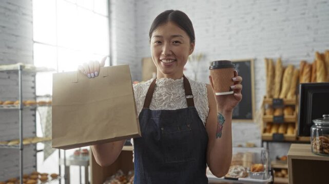 Young woman in an apron holding a coffee cup and paper bag inside a bakery with shelves of bread in the background