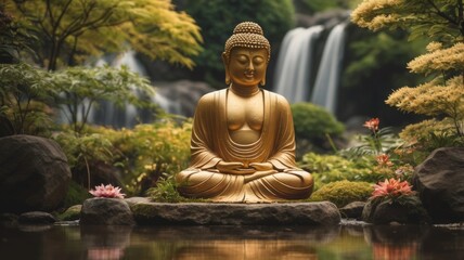 A bronze Buddha statue in pose for meditation in a Japanese garden among blooming greenery on a background of waterfall