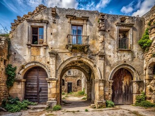 Fototapeta premium Weathered rustic facade symphony archways crumbling stonework ancient abandoned