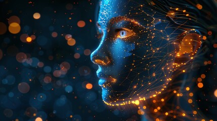 Side view of humanoid head with blue-yellow eyes and bright neon neural network representing futuristic technology and artificial intelligence