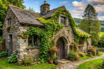Rural stone cottage blend ivy wrapped crumbling archway serene countryside